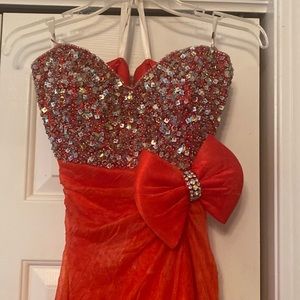 XCITE orange chiffon,  beaded sequenced top strapless, short dress  chiffon gown